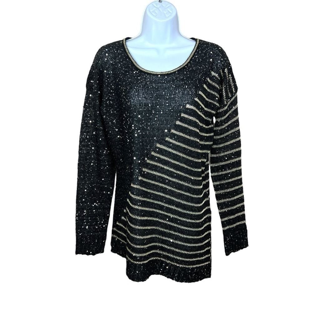 Esciรด Black Gold Sequin Sweater Pullover Knit Long Sleeve StretchGlam Festive